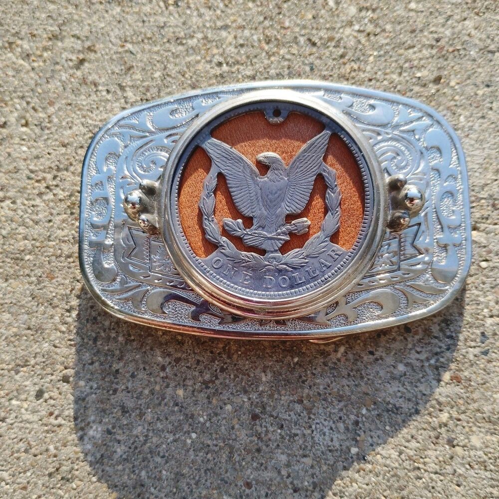 Vintage One Dollar Coin Belt Buckle Western Scroll Silver Tone 80s USA Eagle